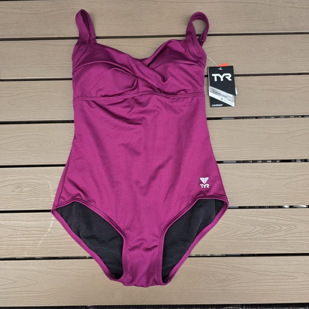 TYR Women's Solid Burgundy Twisted Bra Control Fit One Piece Swimsuit Size 8 New